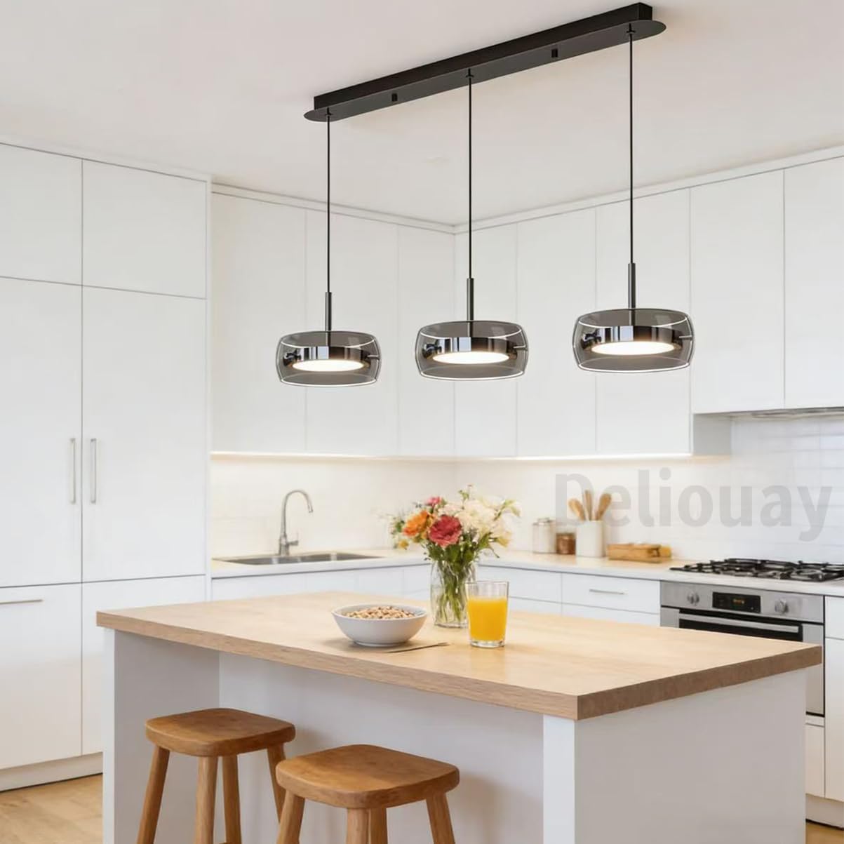 Moderne LED Pendelleuchte Wohnzimmerlampe mit Kristall Glas Anhänger Lampe Dimmbar Esstischlampe Hängelampe mit Fernbedienung Pendellampe Höhenverstellbar für Kücheninsel Esszimmer (A3Köpfe)