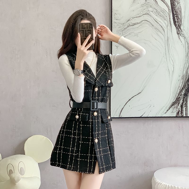 Kwuartz - Set: Mock Neck Effen Trui + Geruite Mini Overall Jurk