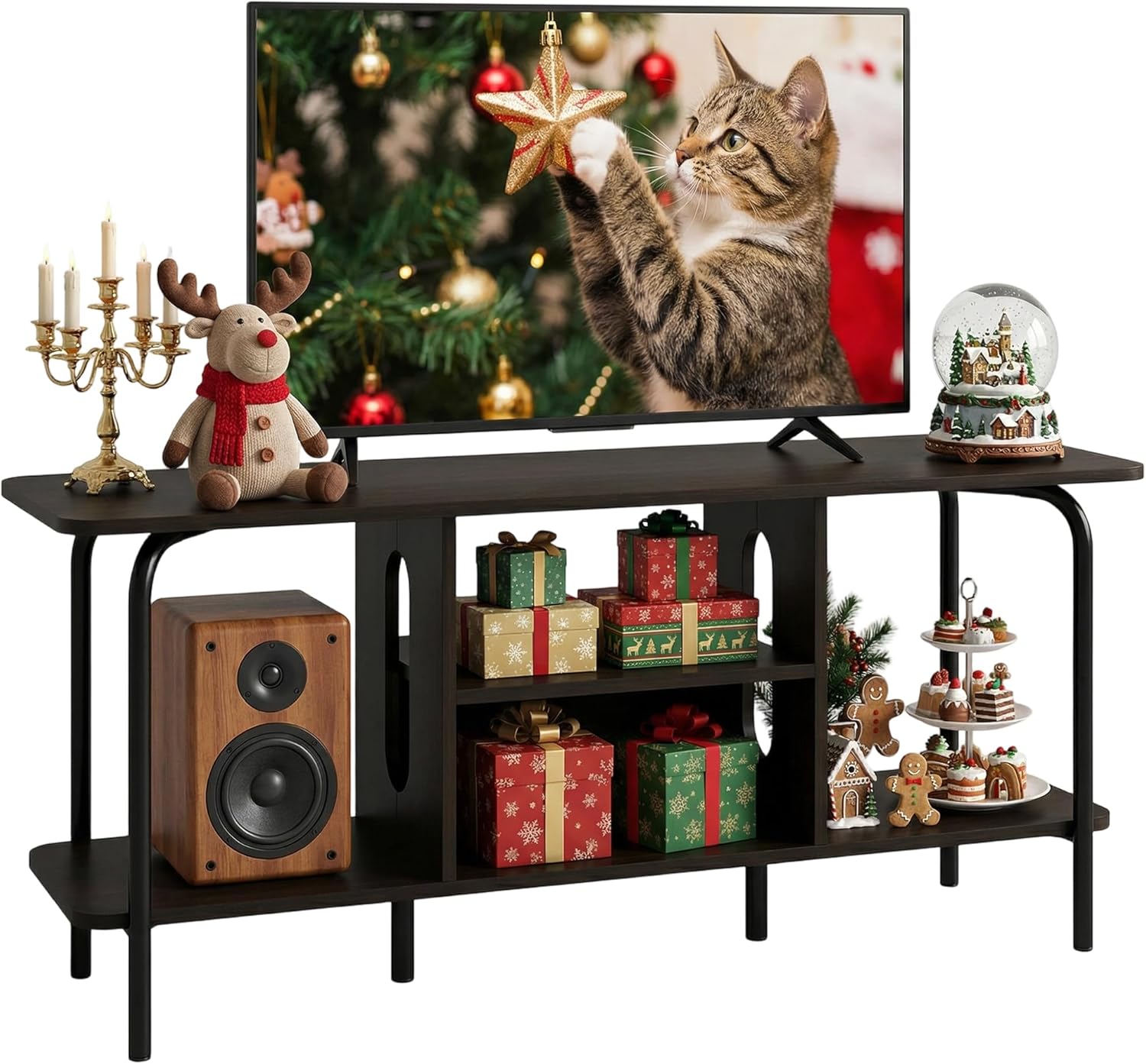 Manora TV Schrank Schwarz 120cm Lang mit Lowboard Funktion,Modern TV Board mit 4 Offenen Fächern,Fernsehtisch Hoch Bräunlich-schwarz，TV Tisch mit Metallfüßen,TV Sideboard für Wohnzimmer
