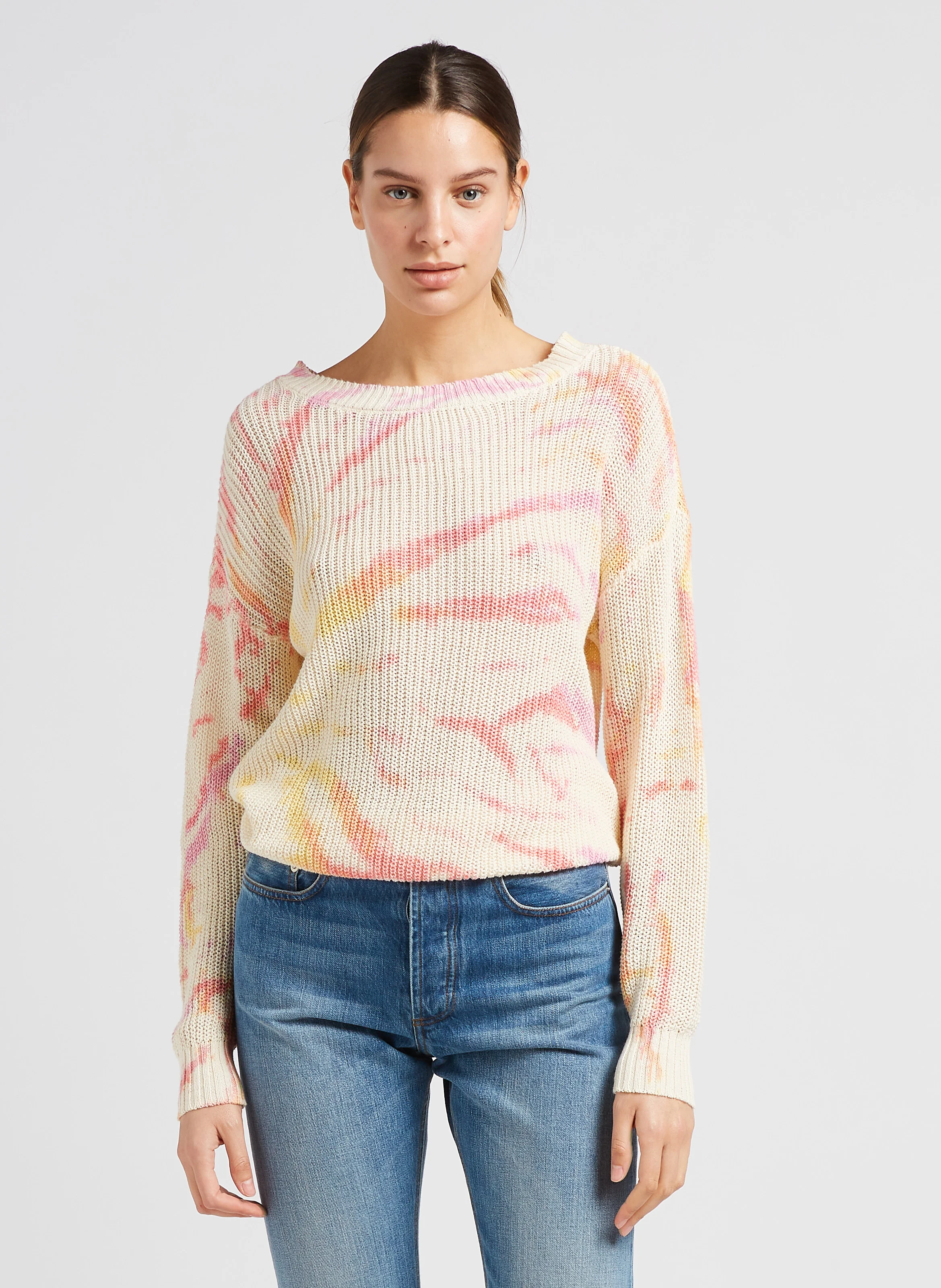 Pull col rond jacquard en coton| Beige