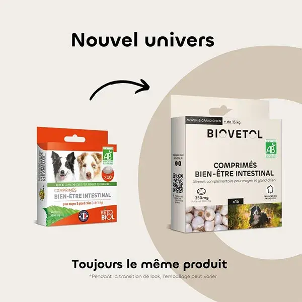 Biovetol - Comprimidos para o bem-estar intestinal de cães de porte médio/grande - Orgânico - 15 unidades