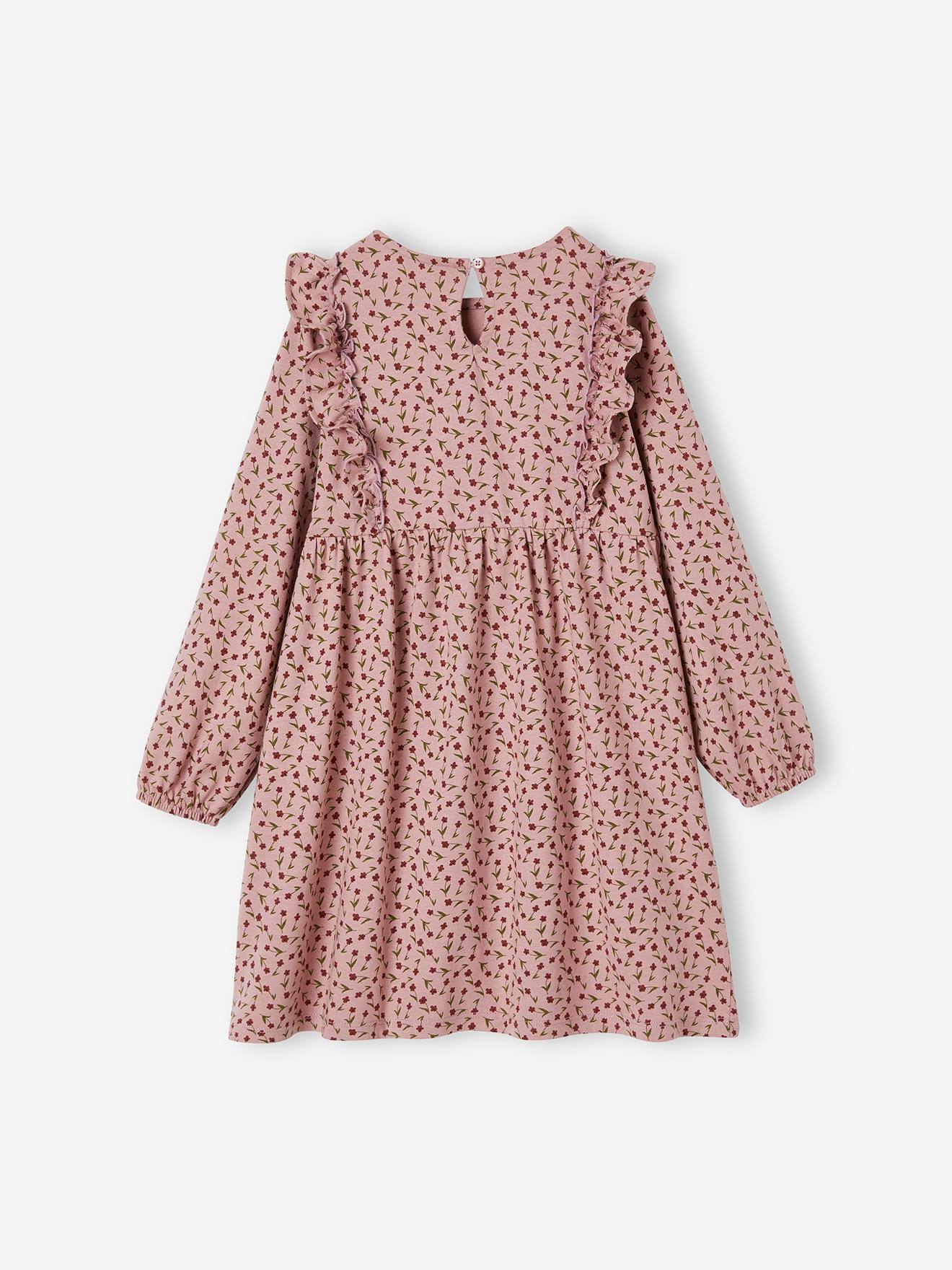 Vestido off-white com estampa floral e mangas com babados para meninas.