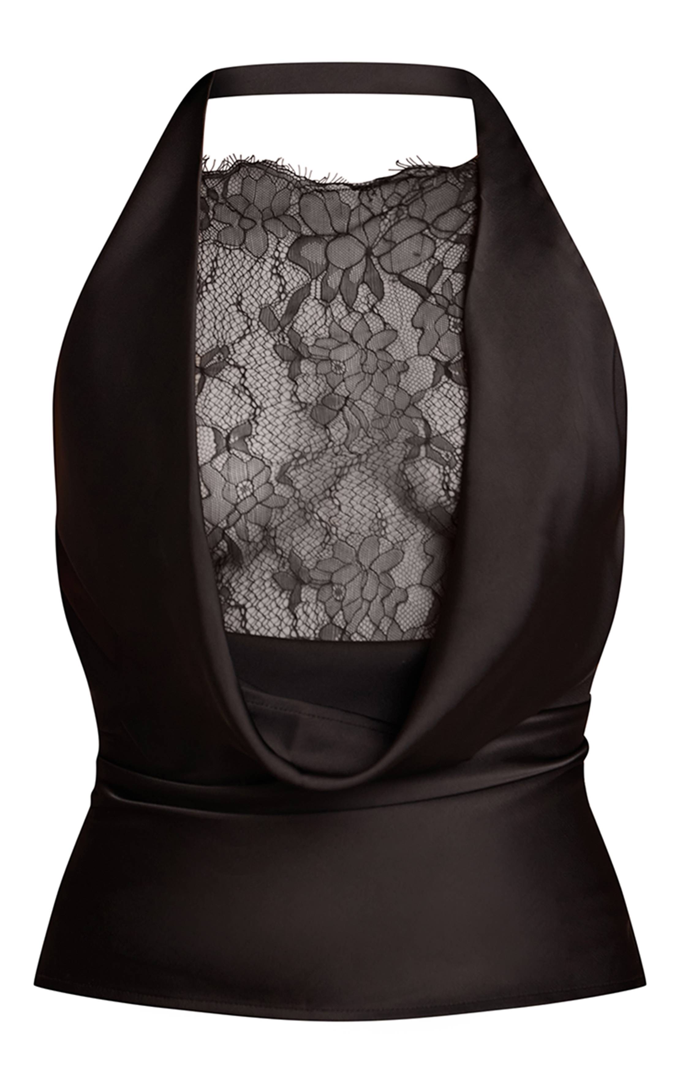 Noir Haut Col Bénitier En Satin Et Dentelle