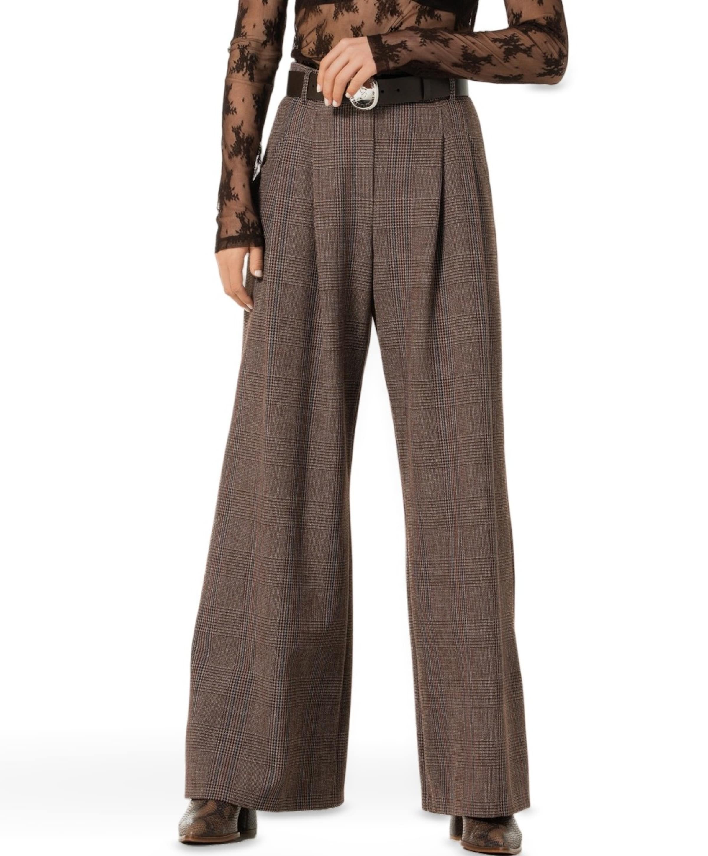 Caroline Biss Viscose mix-geruit-plooi dames pantalon bruin