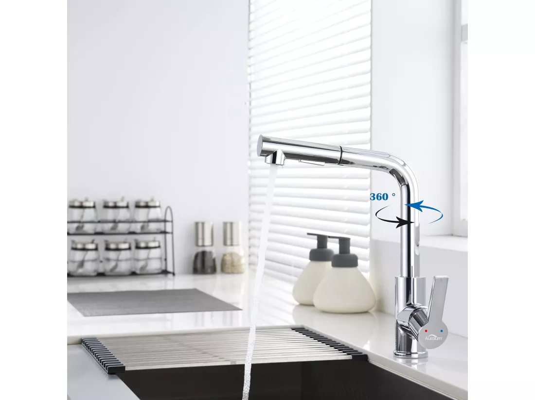 AuraLum Max Mitigeur Cuisine avec Douchette Extractible Robinet Cuisine Rotatif 360°,En 7 forme,Chrome,Mélangeur Evier Eau Chaude/Froide,EU Modèle