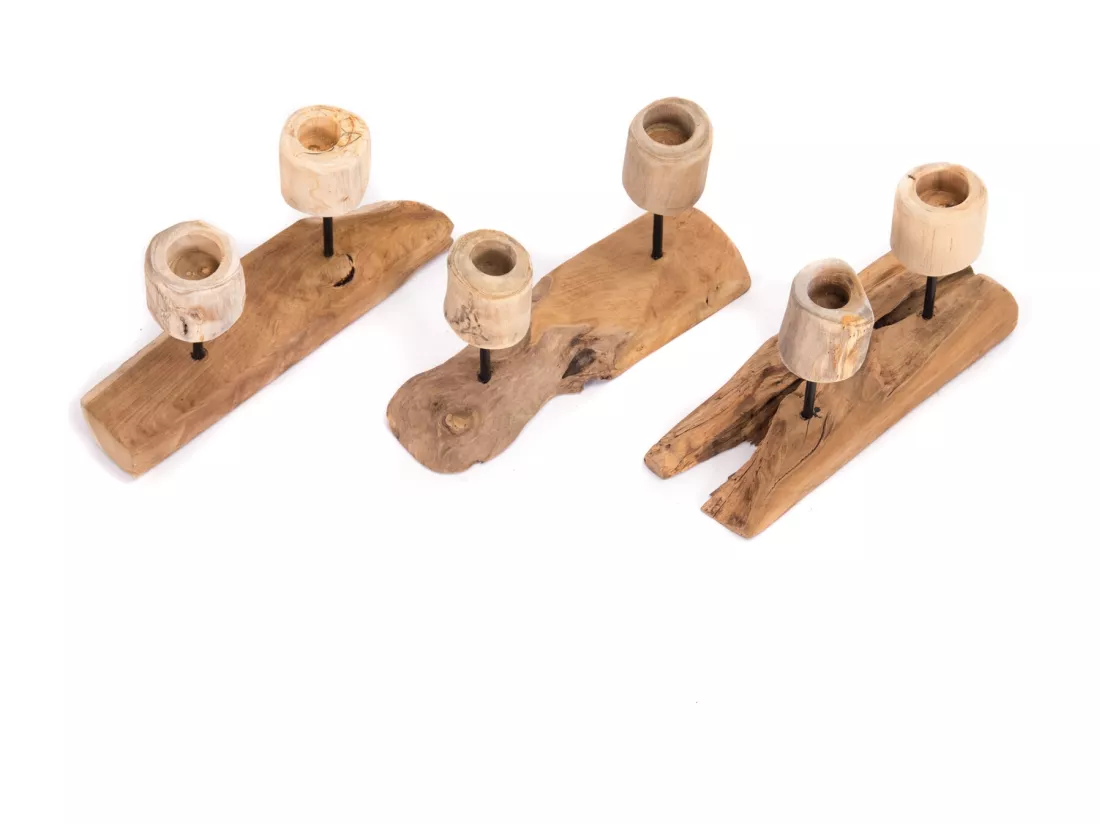 BOUGEOIR Deux lumières Bois de racine de teck, pour 2 bougies