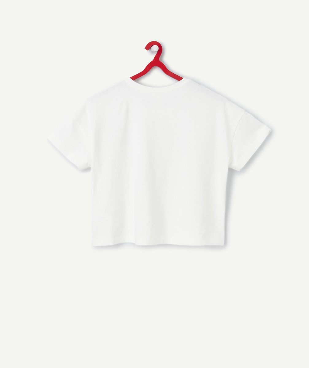 T-SHIRT MANCHES COURTES FILLE EN COTON BIO BLANC AVEC BRODERIES THÈME COUP DE FOUDRE