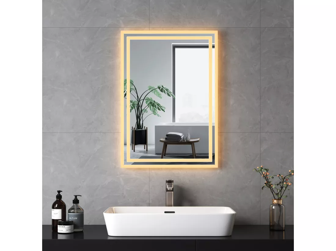 EMKE Miroir lumineux salle de bain 70x50cm, Miroir LED avec Interrupteur à bouton, Anti-buée, Miroir avec éclairage lumière Blanche Froide/Chaude
