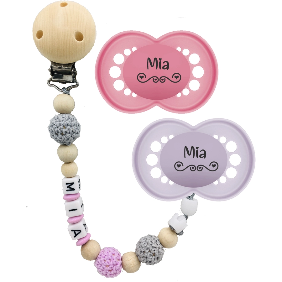 Schnullireich Schnullerkette mit Namen Häkelperle + MAM Schnuller 6-18 Mon Rosa