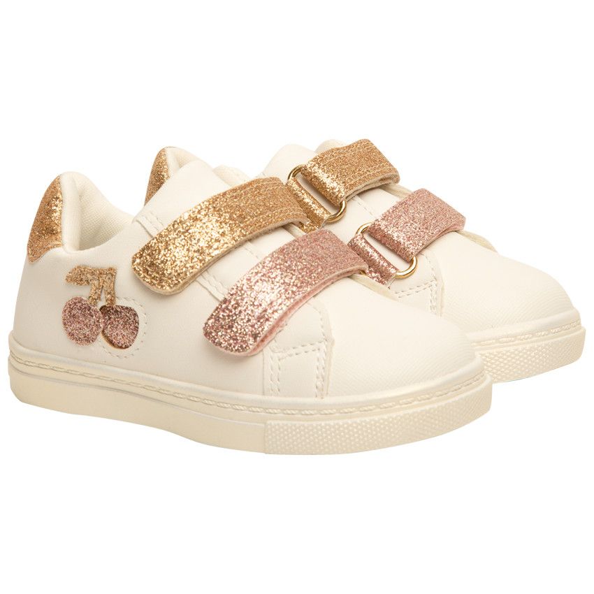 Baskets basses avec détails à paillettes et double velcro pour bébé fille - Blanc