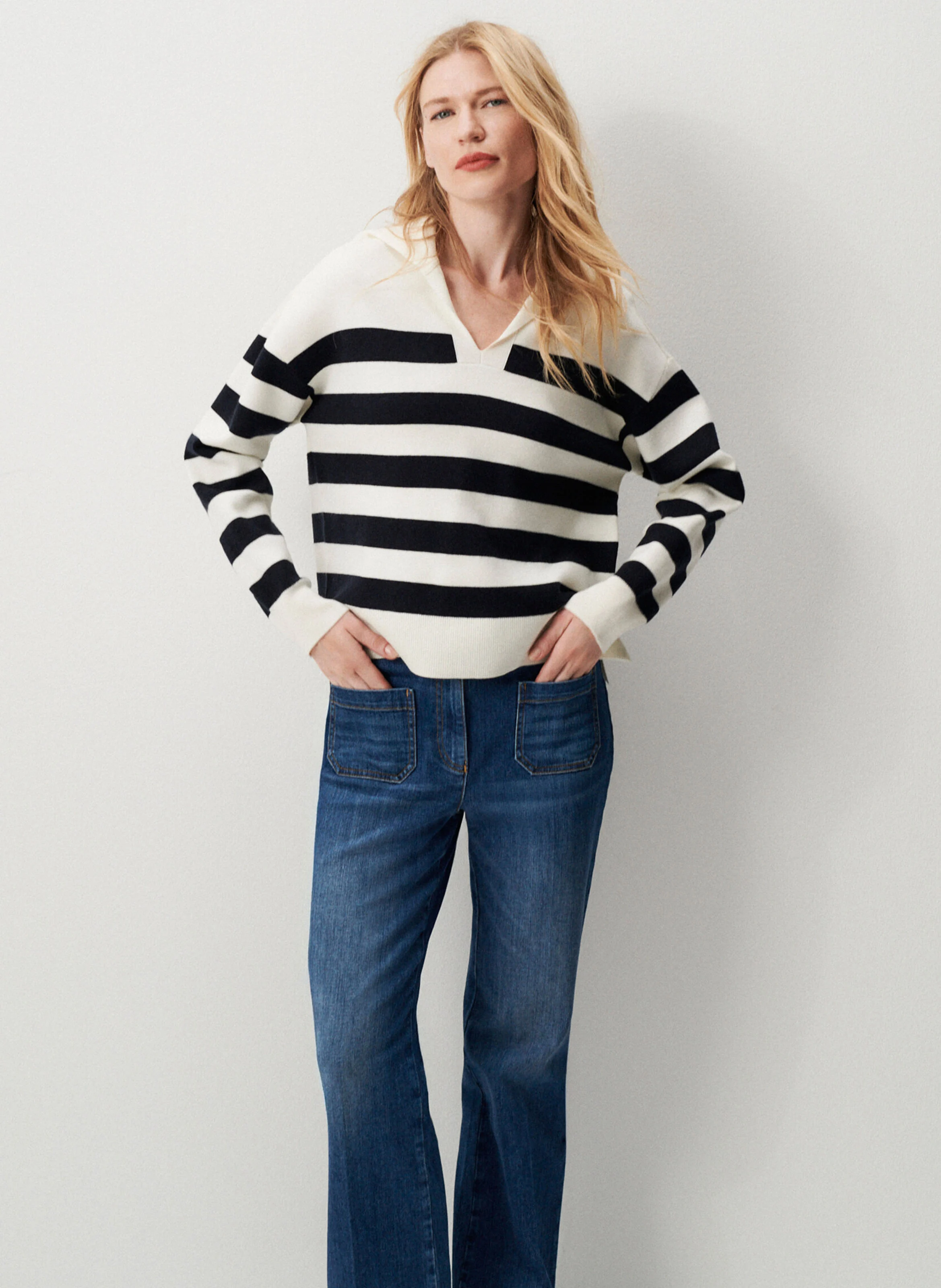 MBRETT - Pull droit col rabattu à rayures | Beige