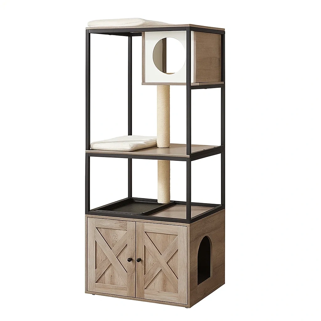 Arbre à chat en bois MDF et métal avec poteau à griffer en sisal
