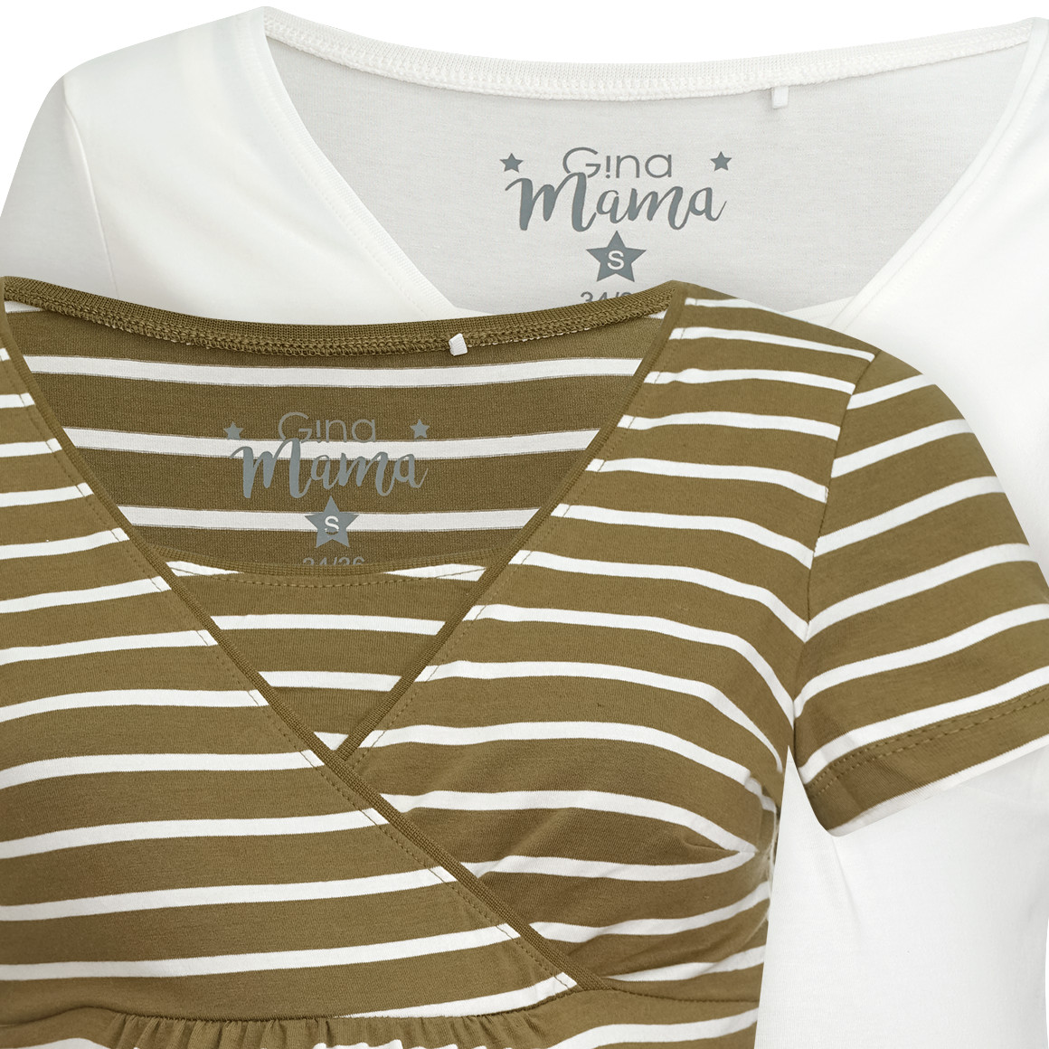 Gina Mama 2 Damen Umstands-T-Shirts mit Stillfunktion oliv / weiss