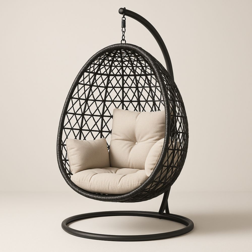 Hängesessel Rattan Stahlrahmen schwarz Beige Kissen Höhe 190cm
