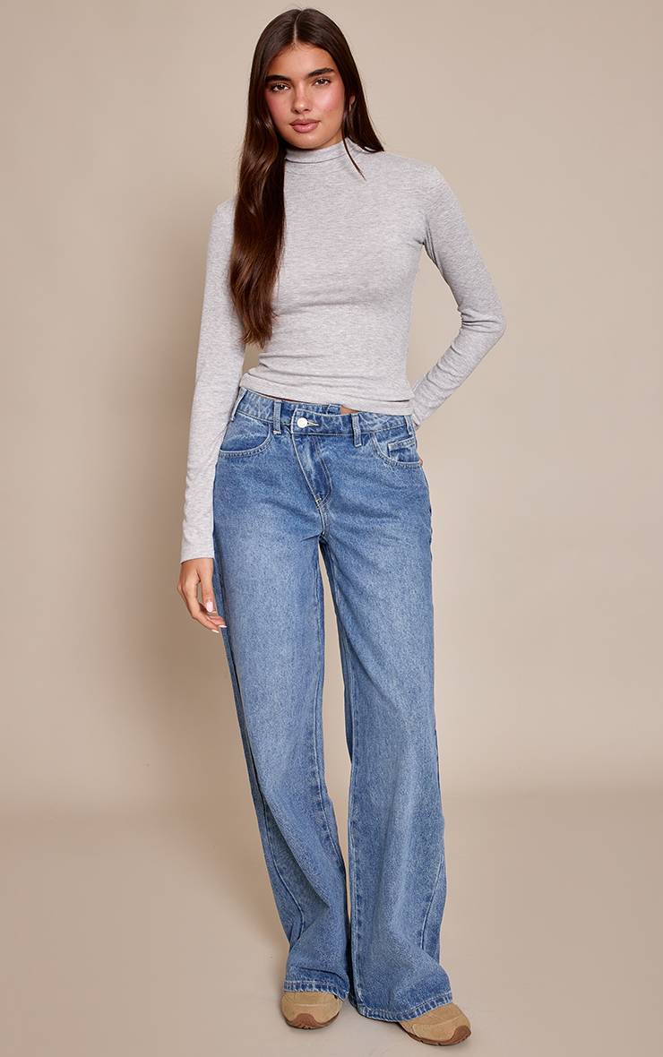 Mid Blue Wash Jean Large Bleu Moyen À Taille Asymétrique