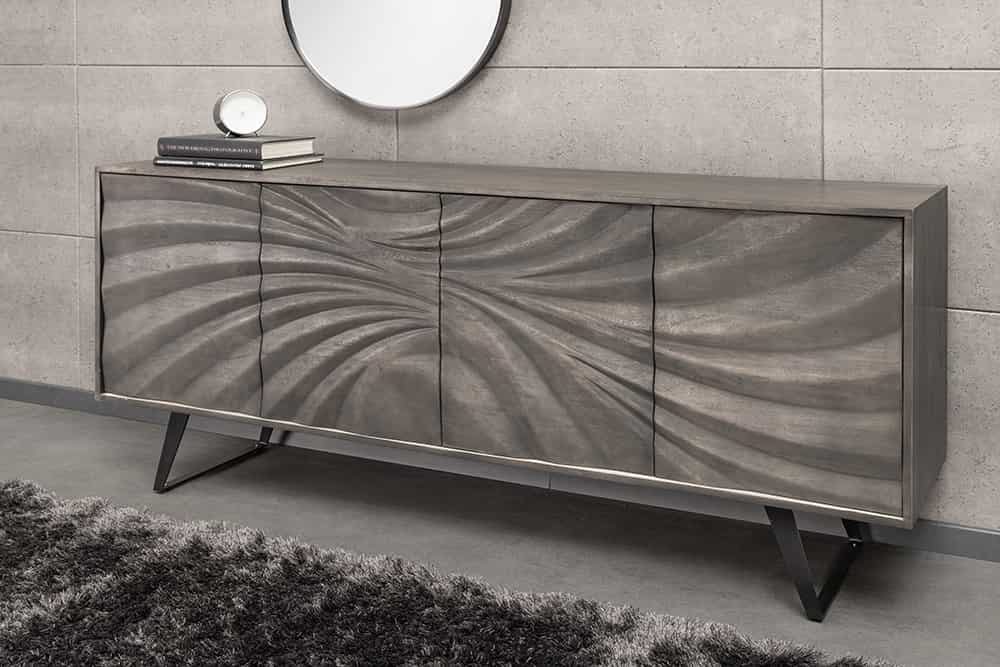 Massivholz Sideboard HURRICANE 175cm grau Akazie 3D-Design