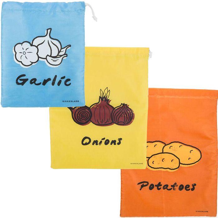 3 sacs de conservation alimentaires en tissu : ail, oignons, pommes de