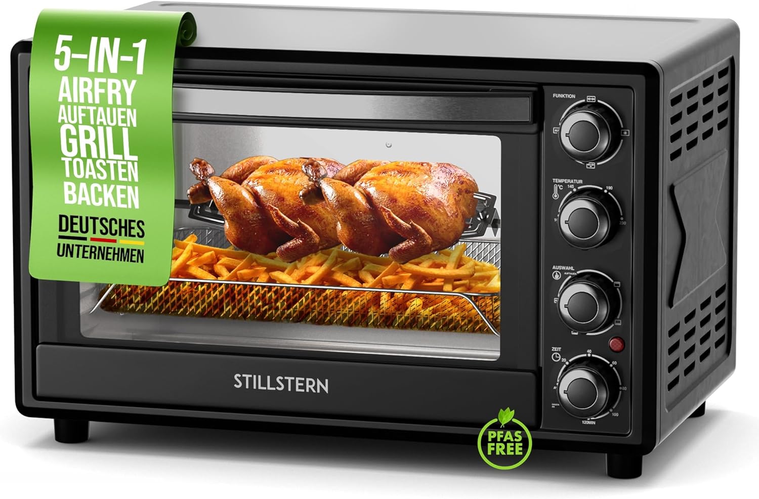 Stillstern Minibackofen mit Umluft 35L (DE Version) Pizza Ø28, CYCLONE PRO+ Antihaftbeschichtung, Auftauen, 2h Timer, Camping Mini Backofen Umluft Pizzaofen Mini Ofen klein Hähnchengrill mit Drehspieß