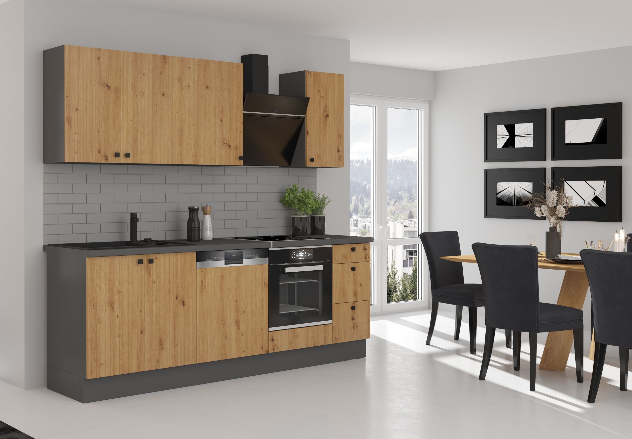 Küche AVA Basic 240 cm Eiche Artisan Grau Küchenzeile Küchenblock Einbauküche