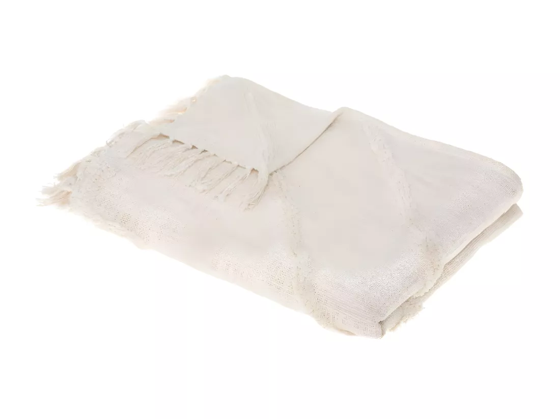 Jeté de Lit en Coton Ivoire motif Inca tufté 130 x 180 cm