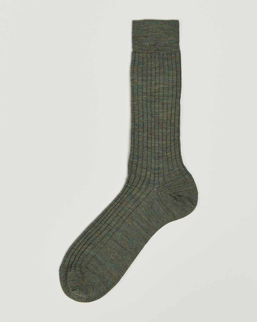 Bresciani Wool/Nylon Ribbed Short Socks Green Melange
