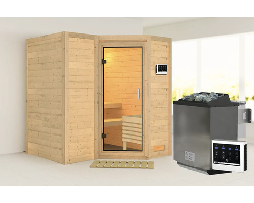 Elementsauna Karibu Melanit 1 incl. 9 kW biooven en externe bedieningseenheid, zonder dakkroon en volledig glazen deur van helder glas