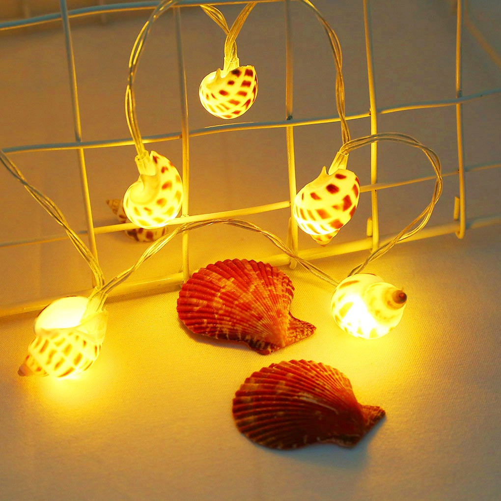 (2m) 10 LED's Sommer Deko Lichterkette Muscheln Beleuchtung (Batteriebetrieben) - Warmweiss