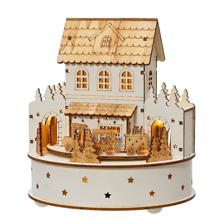 Village de Noël en bois lumineux et musical à piles (H19 cm) Maison de famille