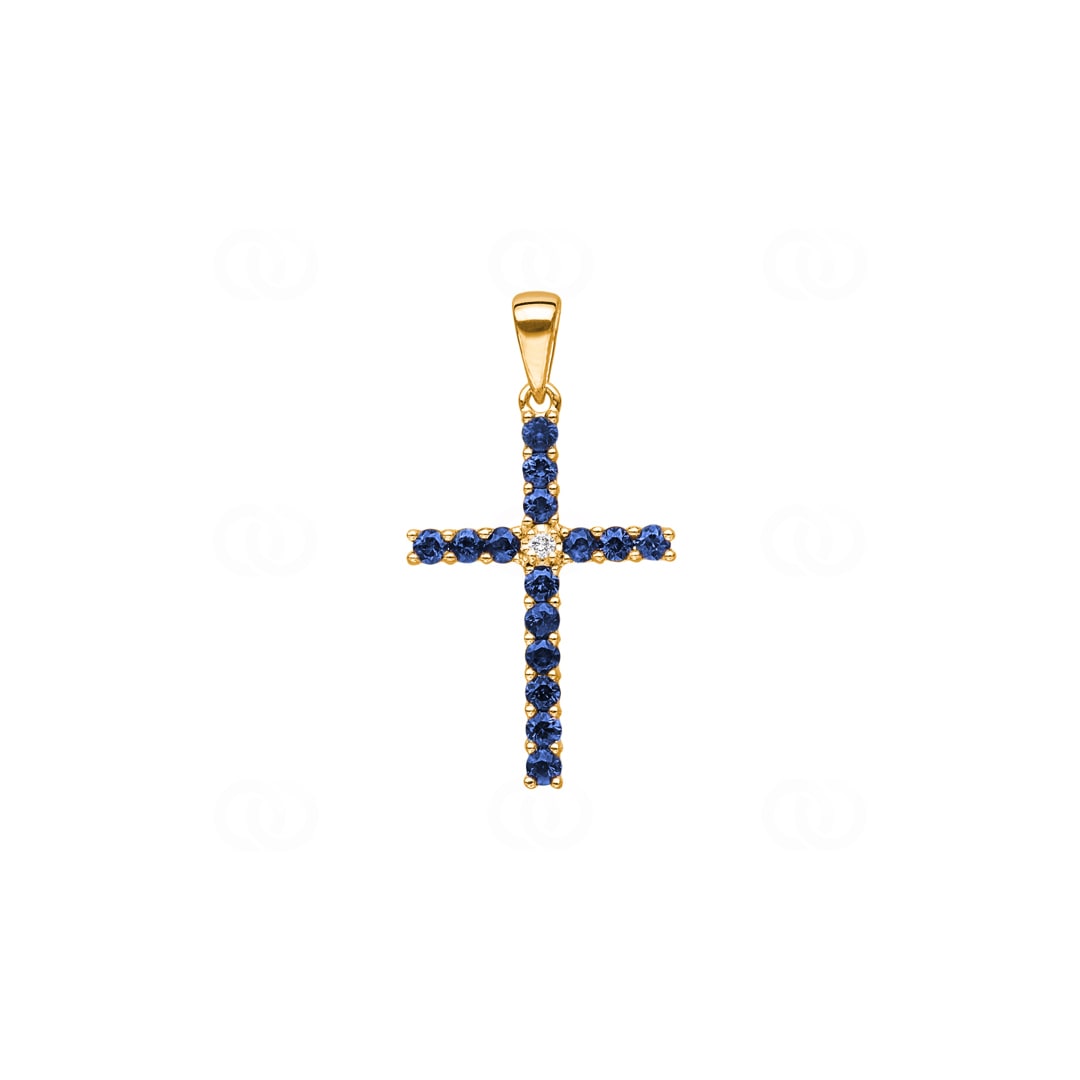 Kreuzanhänger 750/18 K Gelbgold mit Saphiren & Diamant 0.01 ct H/si