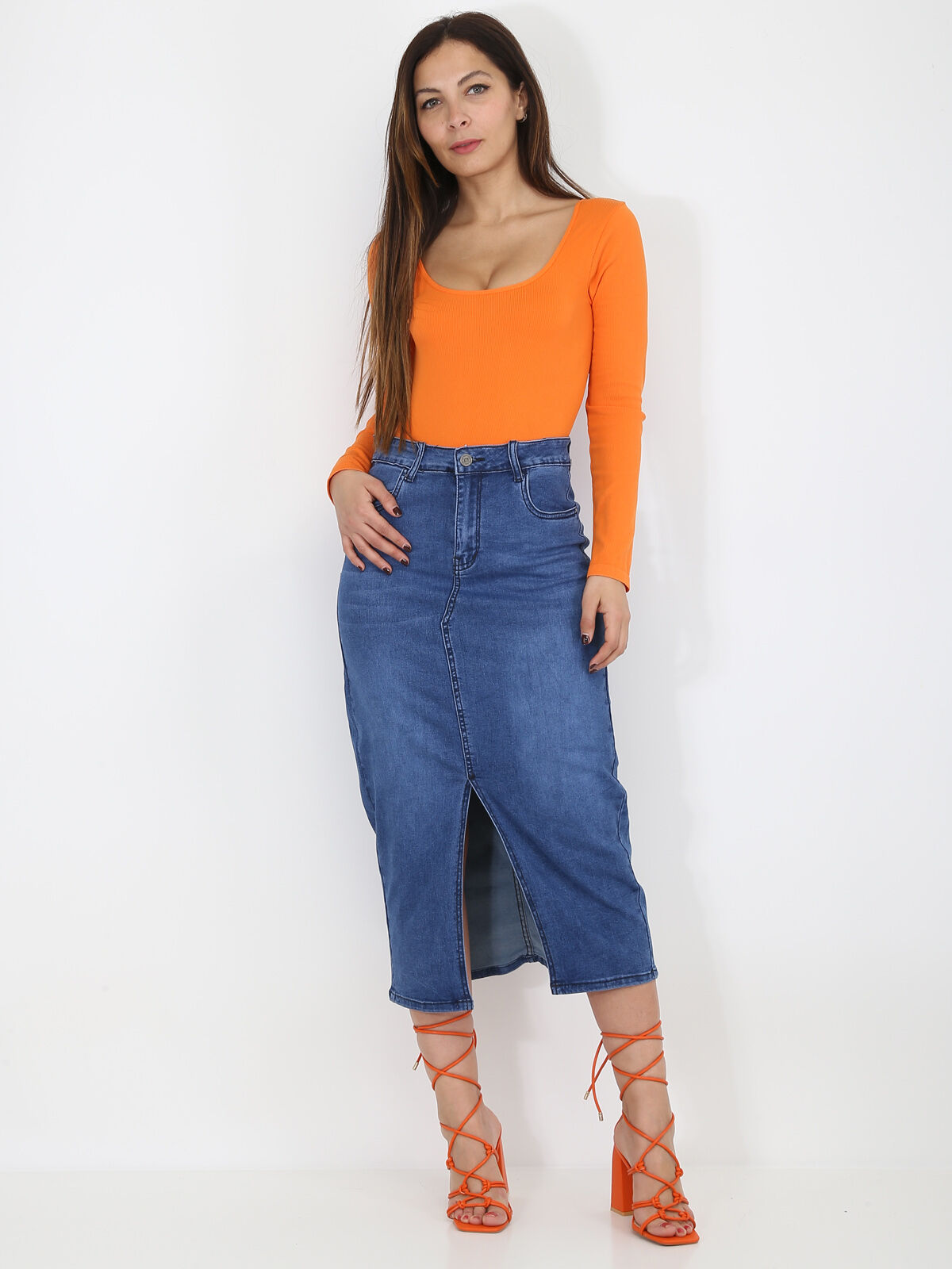 Jupe en jeans mi-longue à fente- Bleu