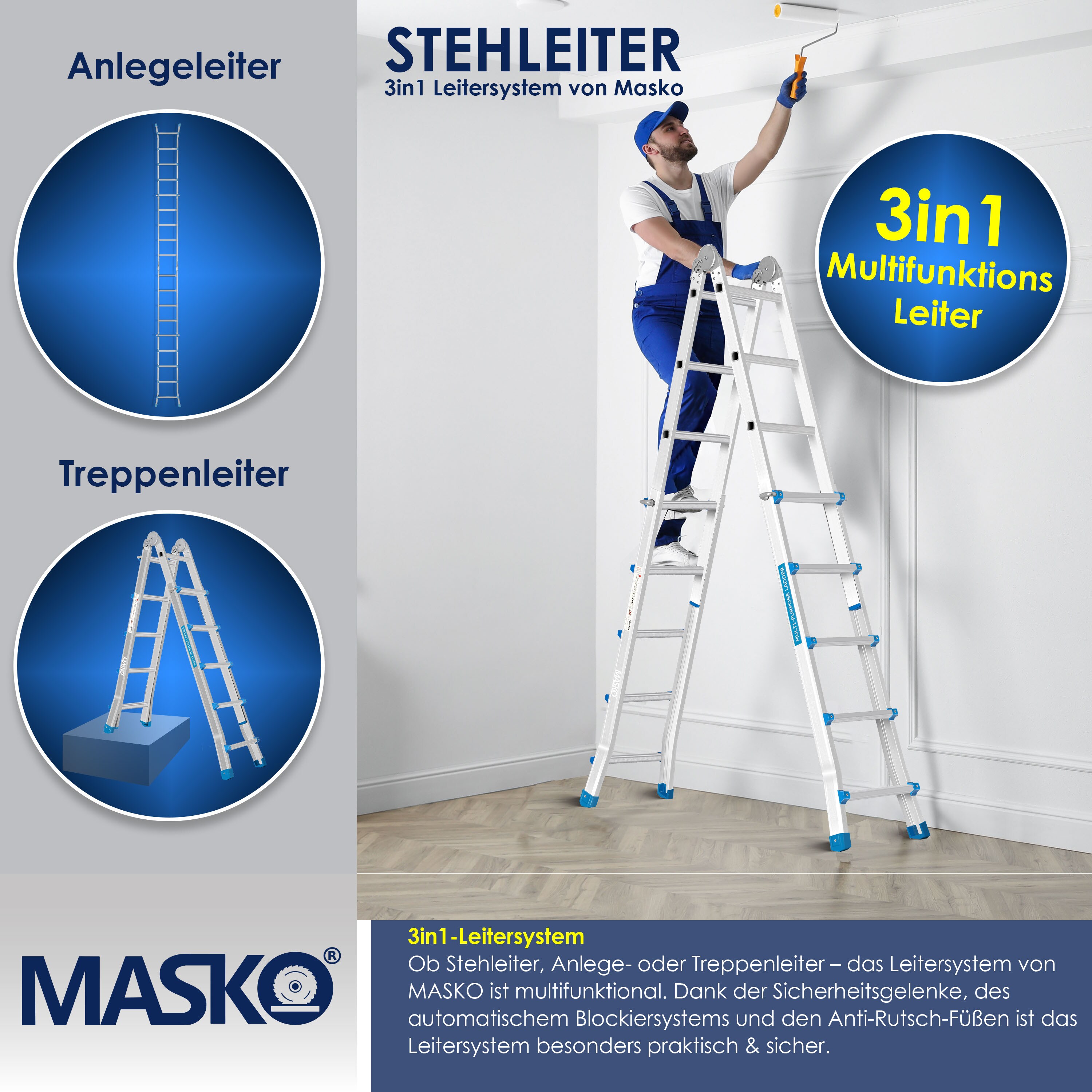 MASKO® Aluleiter Mehrzweckleiter 5,10m 4x5 Sprossen Teleskopleiter ? Multifunktionsleiter ? Aluleiter ? Klappleiter ? Anlegeleiter ? Bockleiter ? Schiebeleiter ? beidseitige Steh und Treppenleiter