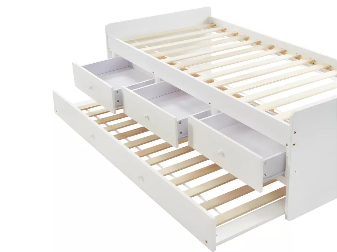 Lit gigogne TITOUAN avec 3 tiroirs - 90 x 190 cm - MDF et Pin - Blanc + Matelas