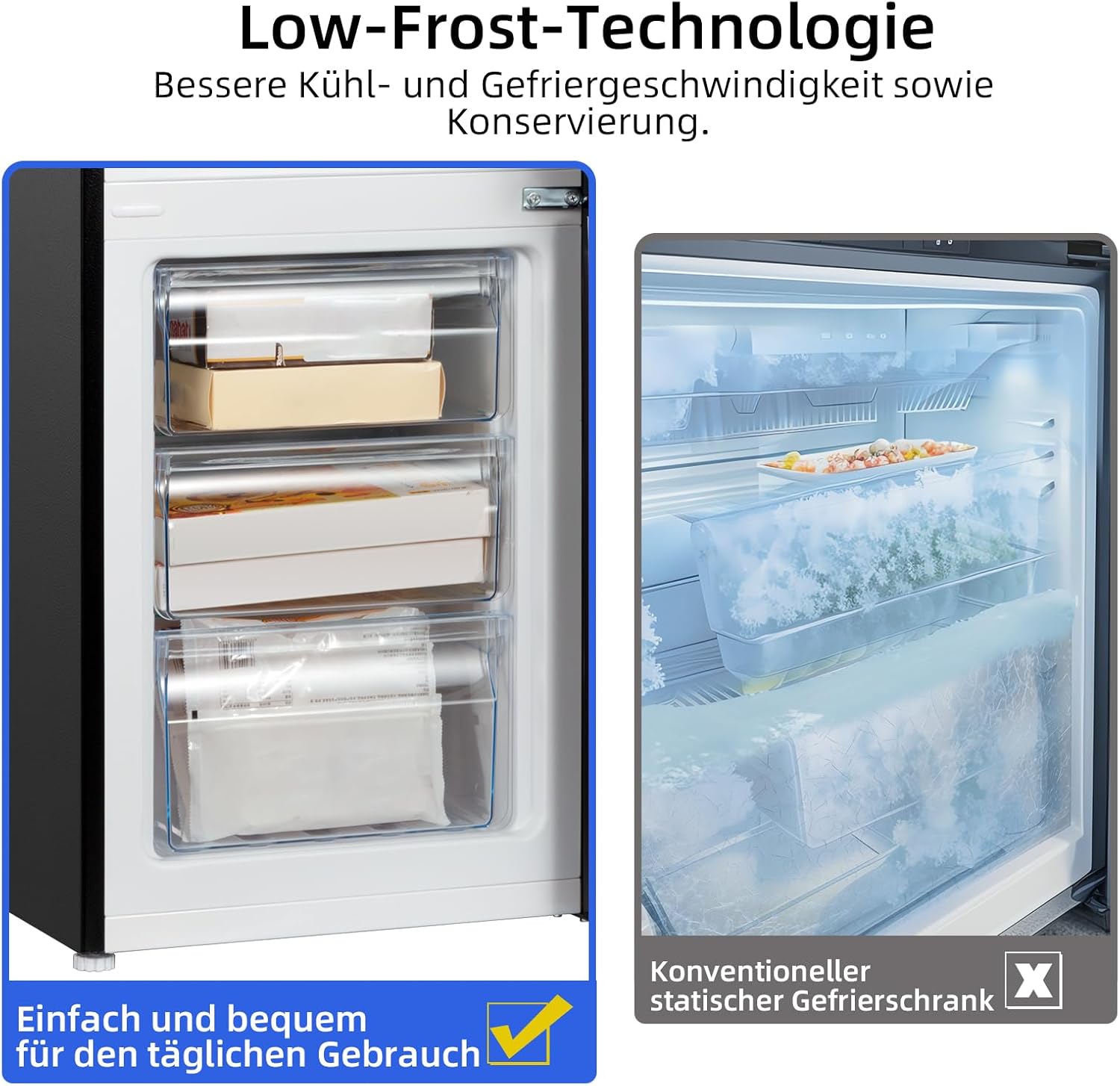 CHIQ CBM159LEBD Freistehender Kühlschrank mit Gefrierfach | Kühl-Gefrierkombination 144 cm Höhe, 47 cm Breit, 157L(109L/48L) | Low Frost | 152 kWh/Jahr | LED Litcht | | Schwarz Inox