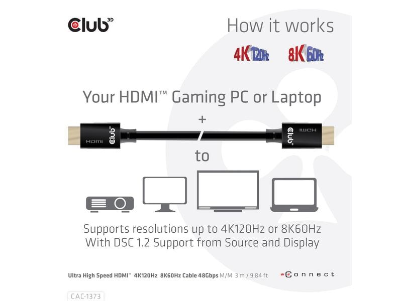Club 3D Kabel Ultra High Speed 4K120Hz, 8K60Hz HDMI 2.1 - H Ultra High Speed HDMI 2.1-Kabel mit Unterstützung für Auflösungen bis zu 4K @ 120Hz oder 8K @ 60Hz