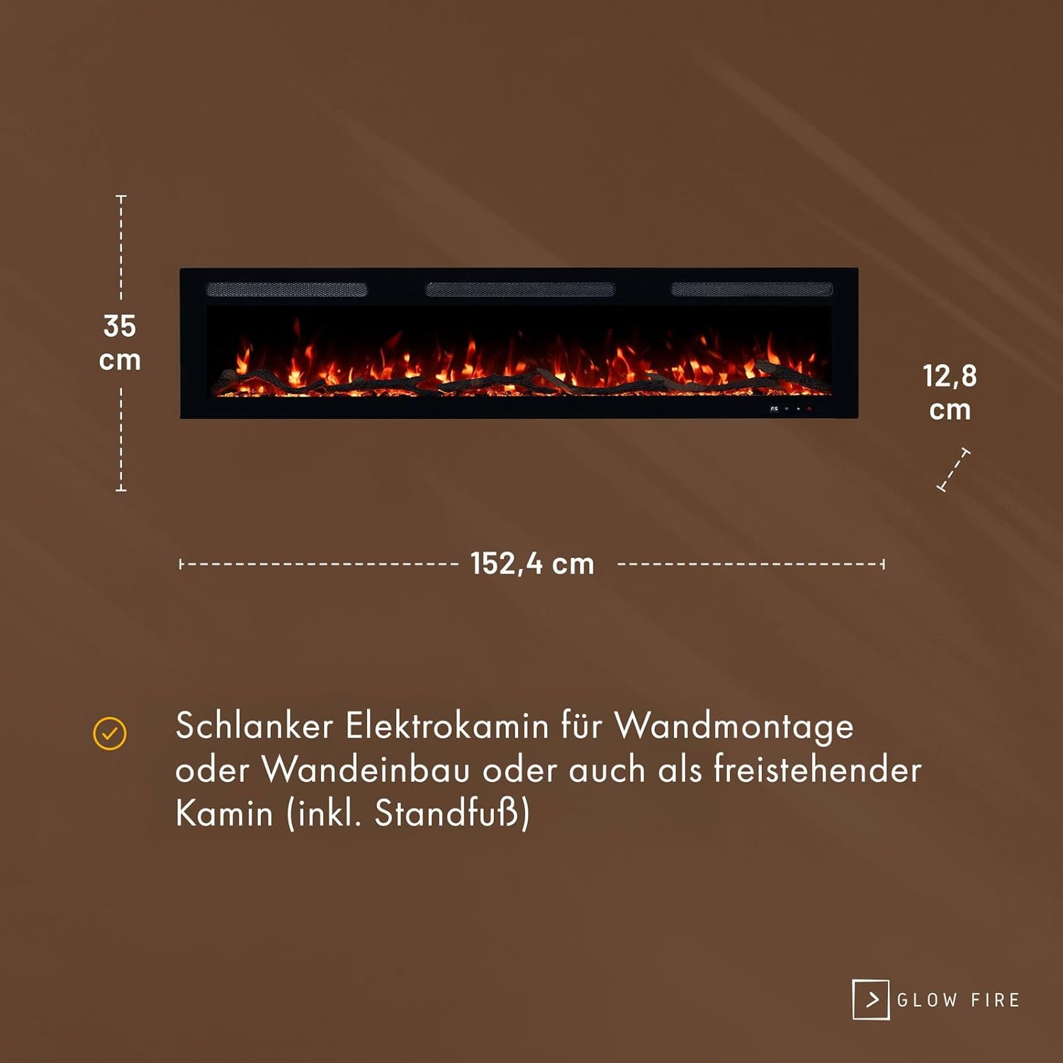 GLOW FIRE Elektrokamin Inside 127 mit realistischem 3D LED-Feuer - Wand-Elektrokamin mit Heizung und Kaminfeuer, App Steuerung, Knistereffekt & Timer, max. 1800 W, 127x35x12cm
