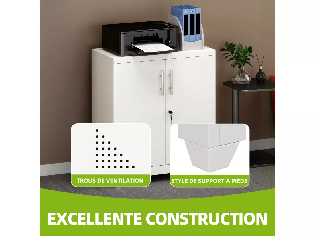 Meuble de Rangement Bureau - Armoire Metallique avec Serrure - Meuble Imprimante avec 2 Etagères Réglables - Blanc - 80 x 40 x 90cm