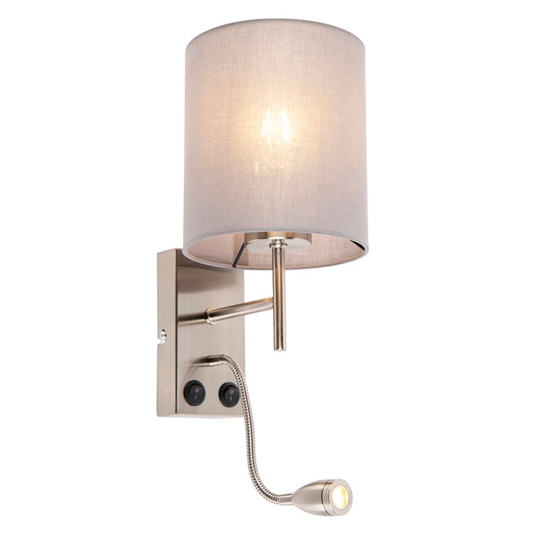Moderne wandlamp staal met katoenen grijze kap - Stacca