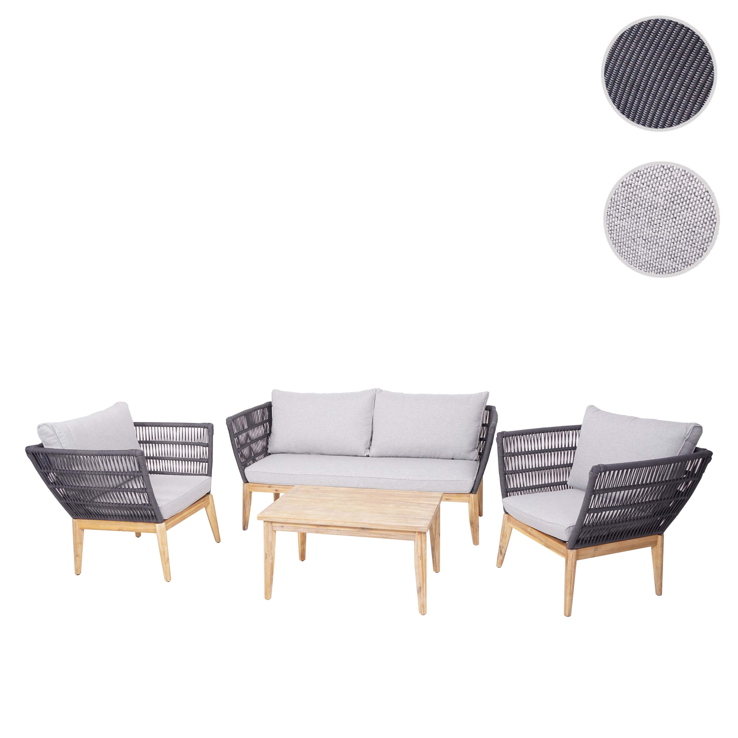 Gartengarnitur MCW-H55, Lounge-Set Sofa Sitzgruppe, Seilgeflecht Rope Holz Akazie Spun Poly MVG ~ Kissen hellgrau