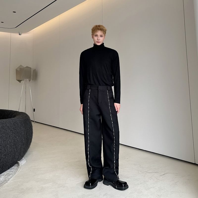 Freehop - Middelhoge effen rechte broek met strass-steentjes