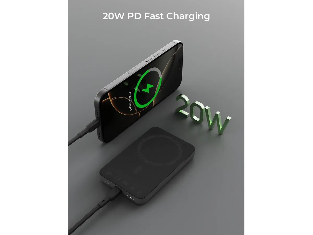(20W) MagFusion Slim 10000mAh Qi2 Wireless Powerbank USB C Ladegerät mit LED Anzeige (PB-MS08 BG) - Schwarz