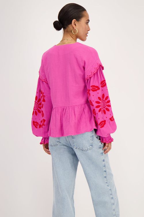 Roze mousseline blouse met embroidery en strikjes