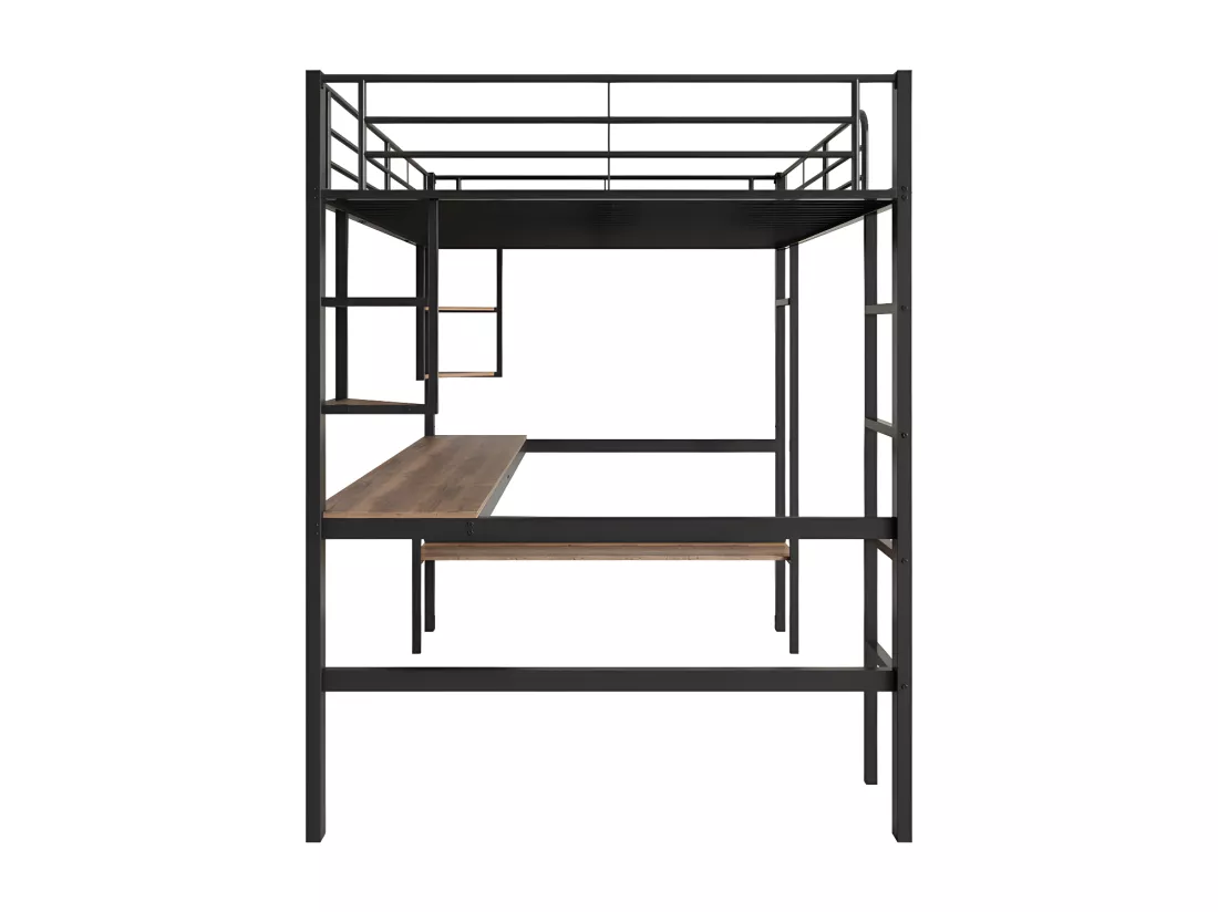 Lit mezzanine en fer - 90x200cm - avec bureau et 5 étagères - Noir