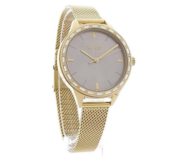 Hugo Flash Light Gold Mesh Strap Watch Womens