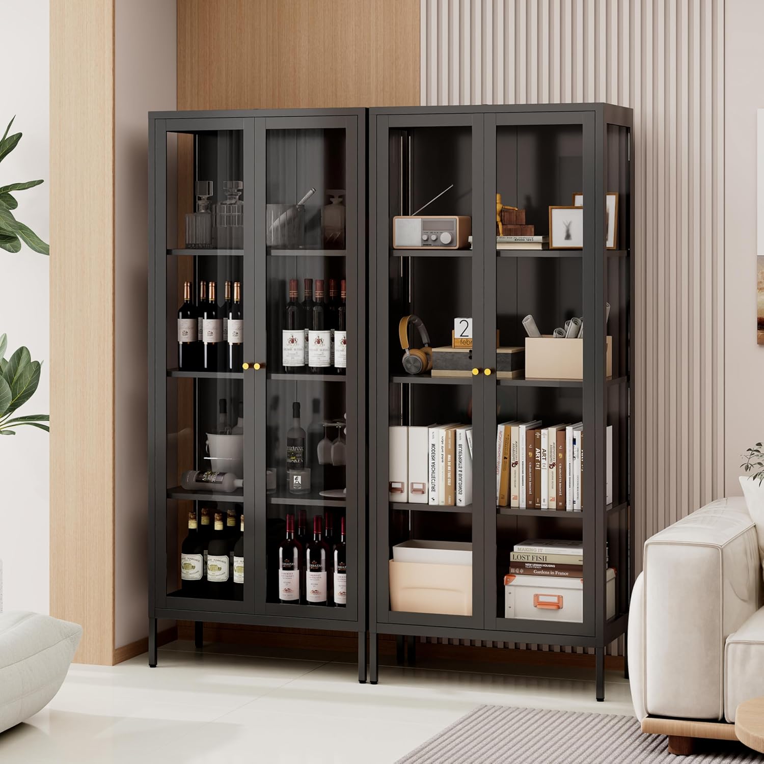 Vitrine mit Glastüren,Glasvitrine Stehend Vitrinenschrank mit 3 höhenverstellbaren Fachböden, Sammlervitrine Glasschrank für Wohnzimmer Schlafzimmer Wein Büro, Schwarz(35x70x168cm)