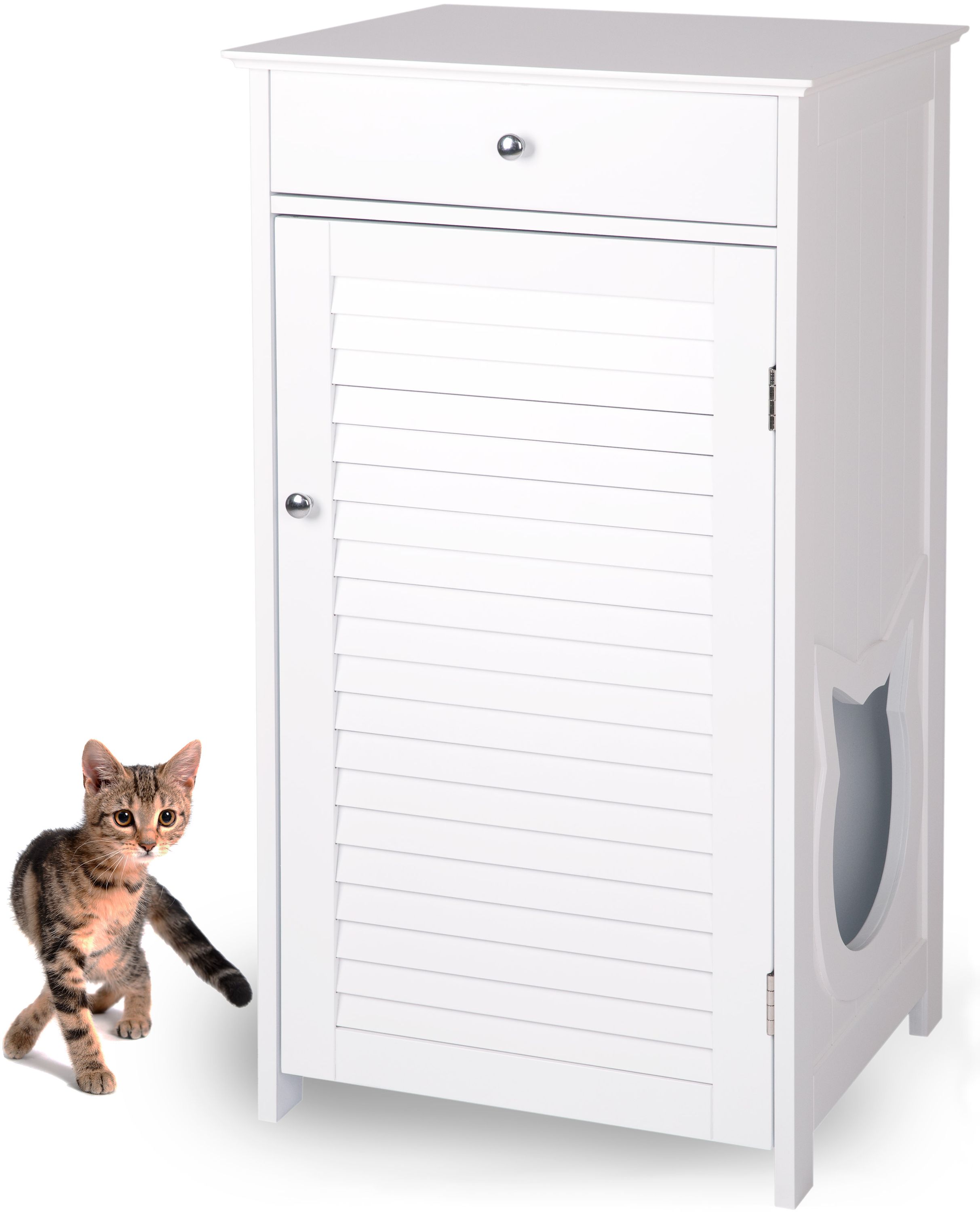 WONDERMAKE® Katzenschrank für Katzentoilette groß hoch aus Holz, Katzenklo-Schrank Kommode mit Schublade und Tür geschlossen, Design Katzen-Haus Toilette Klo XL, 51 x 46 x 96 cm, weiß