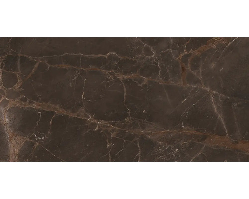Porseleinen steengoed wand- en vloertegel, travertin bruin, glanzend, 60 x 120 x 0,7 cm, gerectificeerd