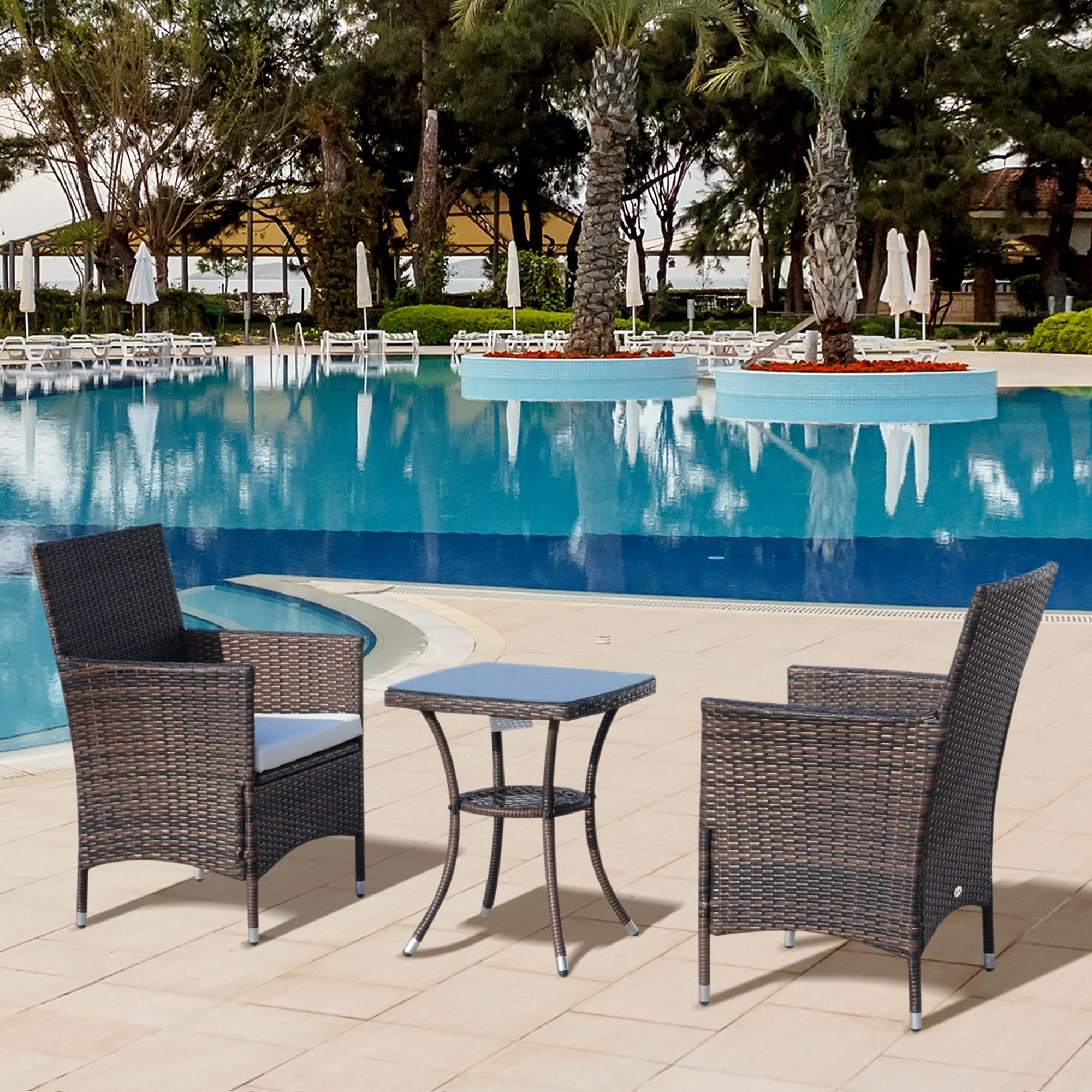 Conjunto de Móveis de Jardim Outsunny, em Rattan, Inclui 1 Mesa e 2 Poltronas com Almofadas, Estrutura Metálica para Terraço e Varanda, Marrom