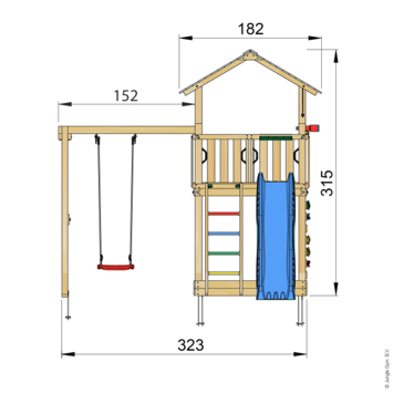 Speeltoestel Jungle Gym Chalet grenen geïmpregneerd met glijbaan blauw en 1-schommel module