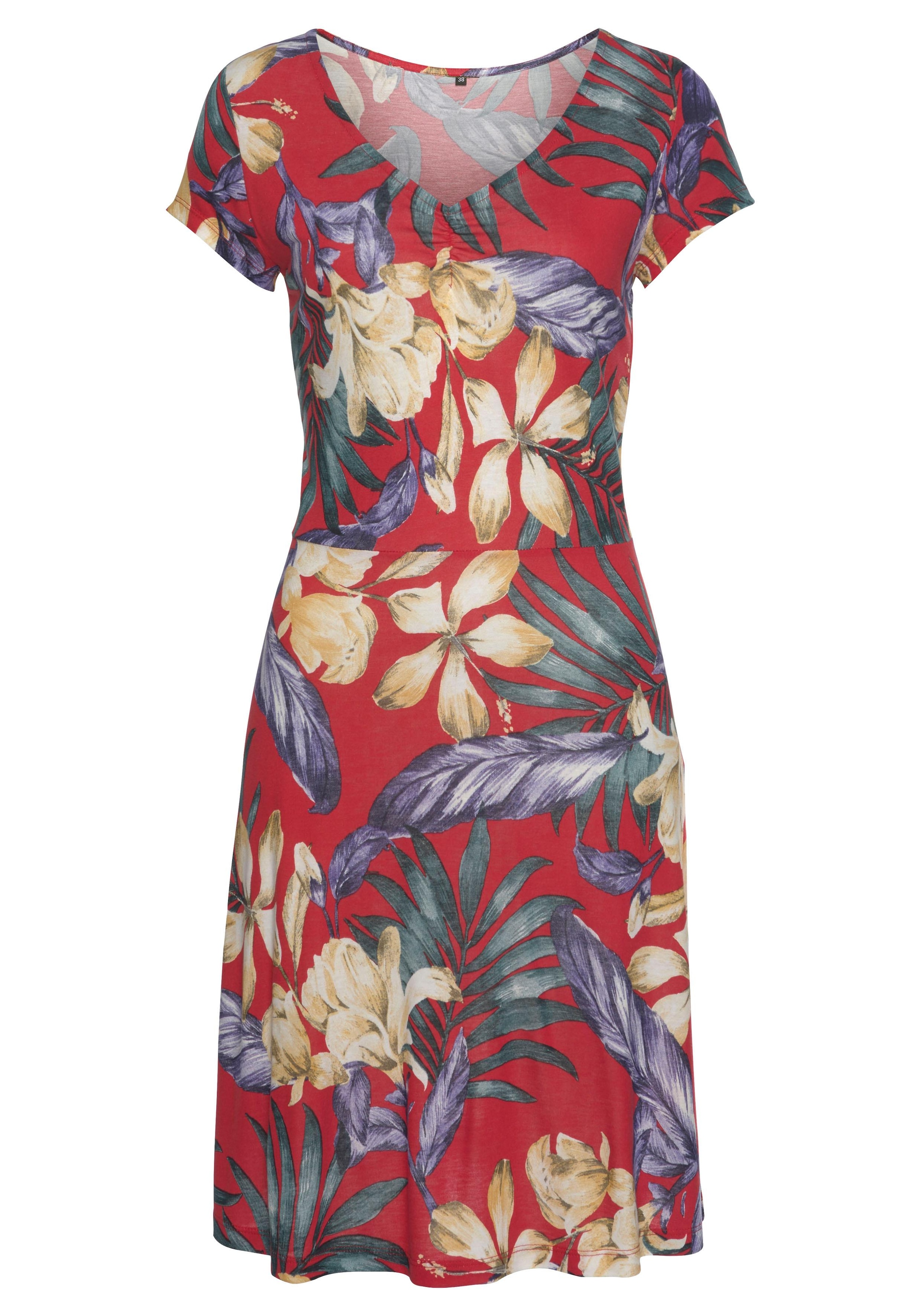 LASCANA Sommerkleid mit V-Ausschnitt im Alloverdruck, T-Shirtkleid aus Jersey, Strandkleid