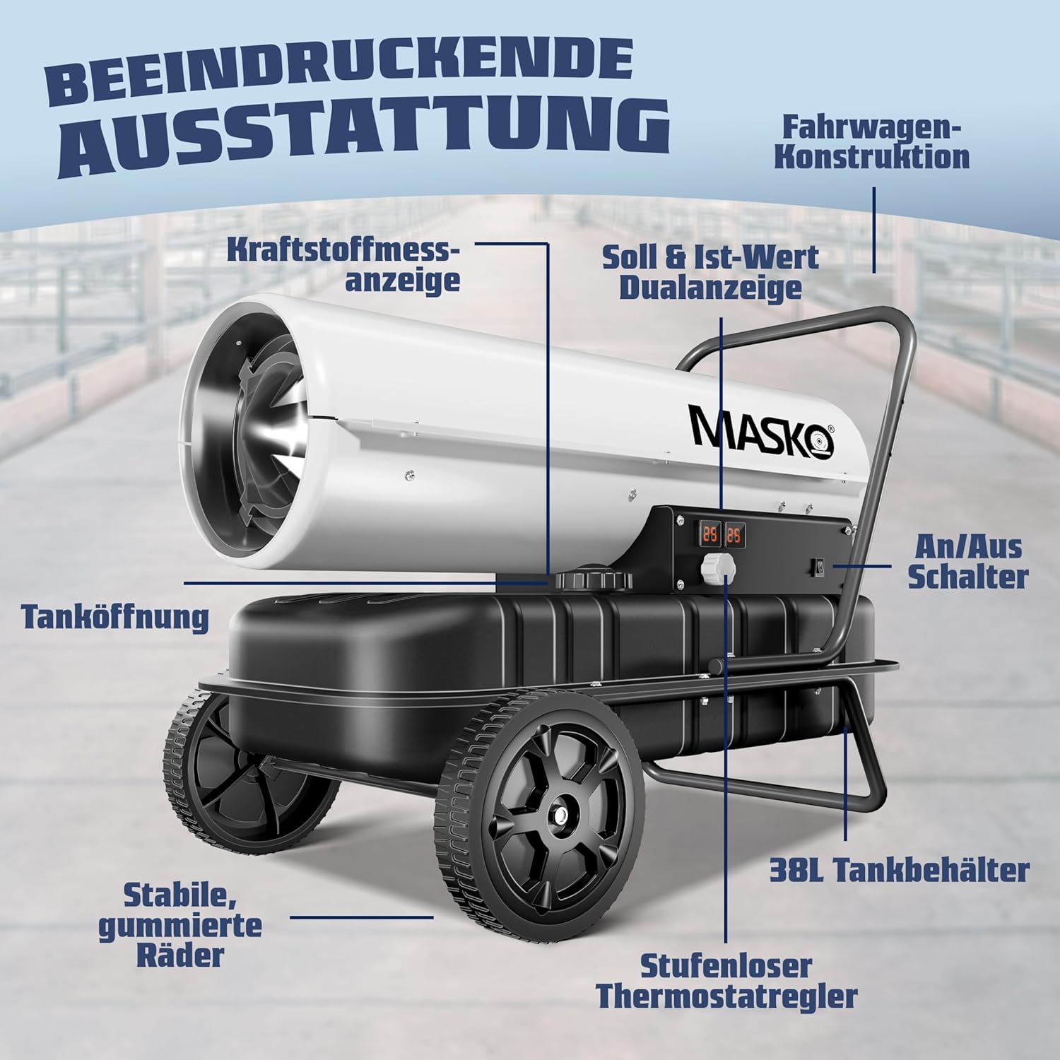 MASKO® Heizkanone 30kW Diesel Bautrockner Bauheizer Heißluftgenerator Heizgebläse 38L Tank mit Thermostat Ölheizer Luftstrom 750m³/h/Stunde Ölbeheizung Heizlüfter Heizstrahler Weiß